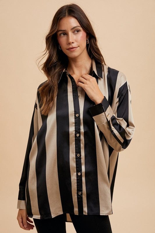 Annie Wear Striped Dropped Shoulder Button Up Shirt - Trendsi