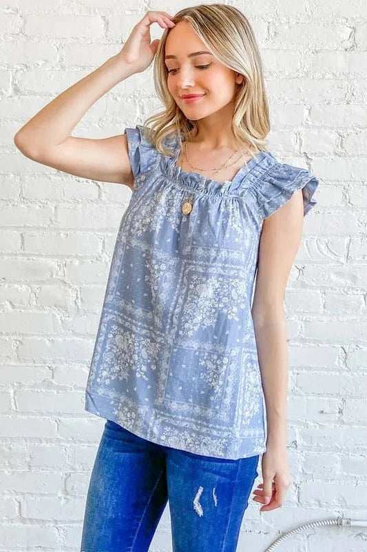 And The Why Boho Print Rayon Linen Ruffle Baby Doll Tank Top - Trendsi - Flyclothing LLC