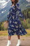 Printed Notched Lantern Sleeve Midi Dress - Trendsi