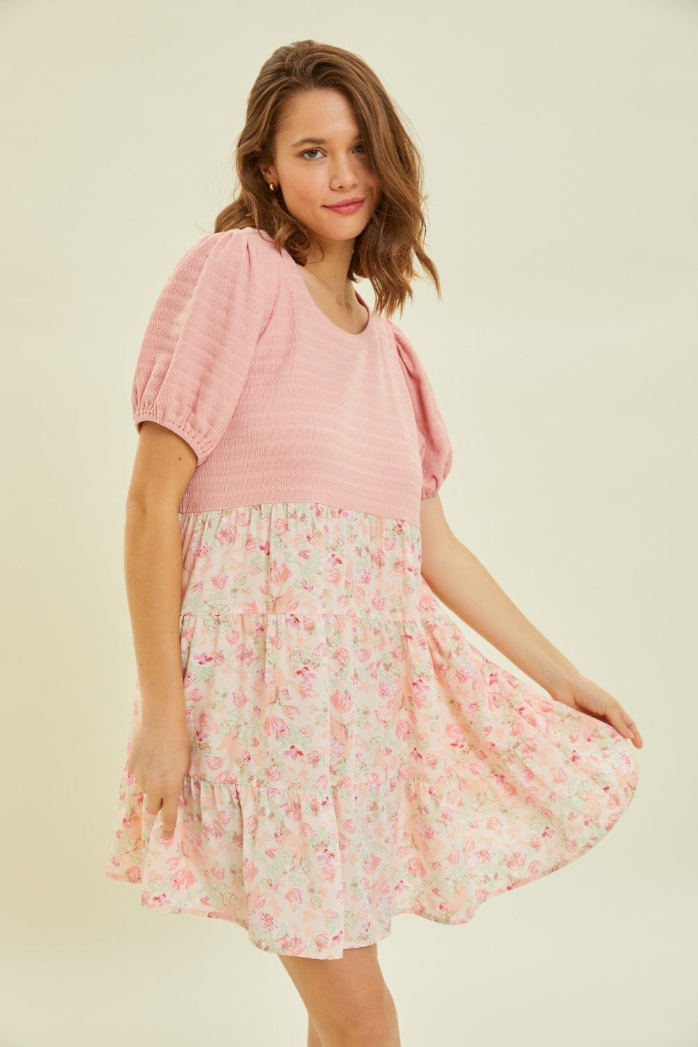 HEYSON Full Size Round Neck Floral Ruffle Hem Mini Dress - Trendsi