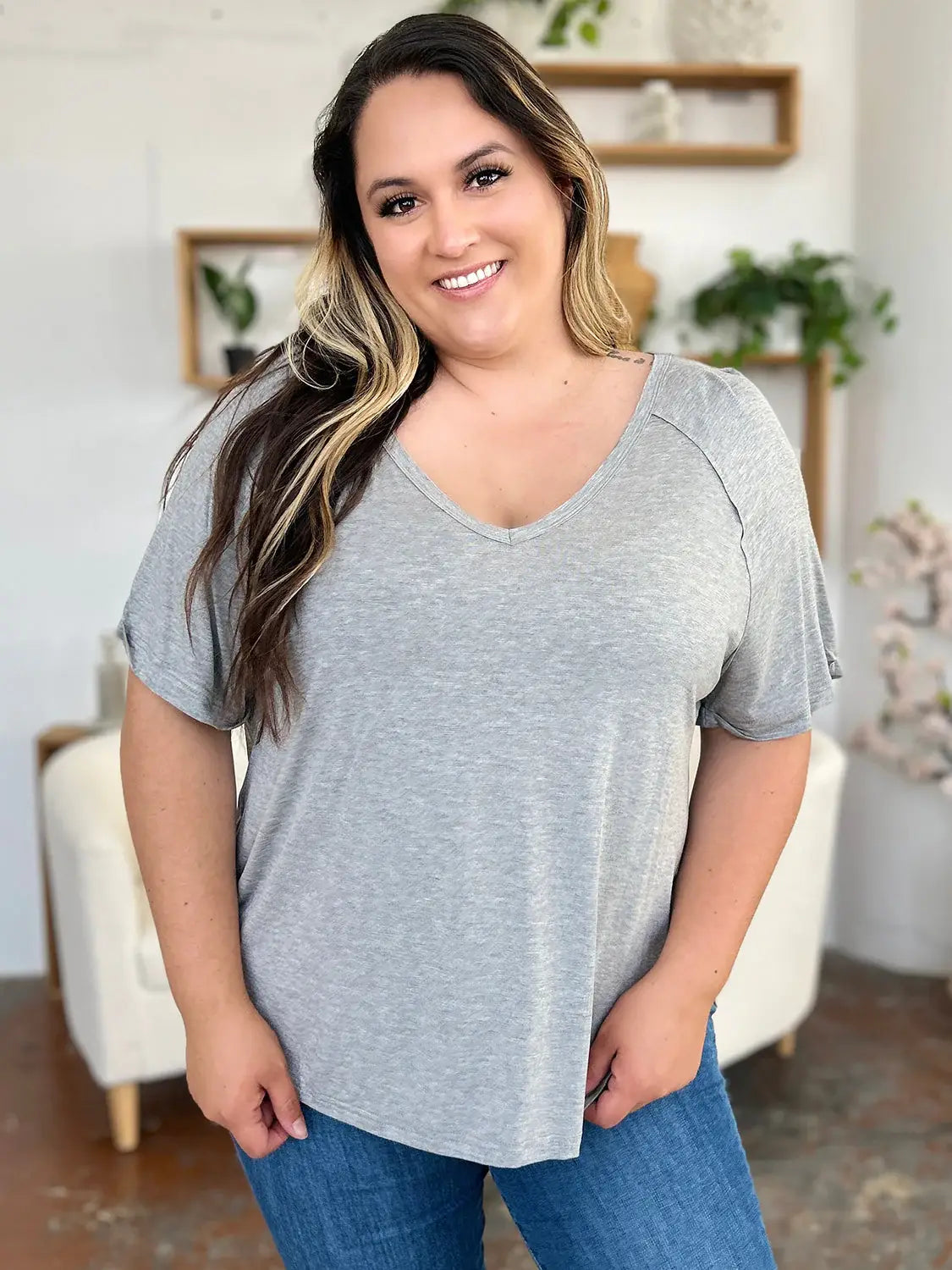 Basic Bae Full Size Bamboo Slit V-Neck Short Sleeve T-Shirt - ShopBasicbae - Flyclothing LLC