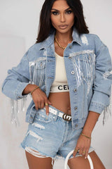 Sequin Fringe Trim Distressed Button Up Denim Jacket - Trendsi - Flyclothing LLC