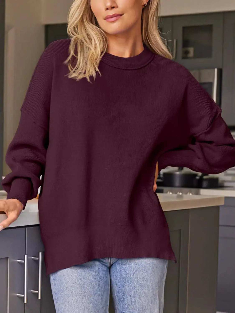 Slit Round Neck Dropped Shoulder Sweater - Trendsi - Flyclothing LLC