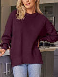Slit Round Neck Dropped Shoulder Sweater - Trendsi - Flyclothing LLC