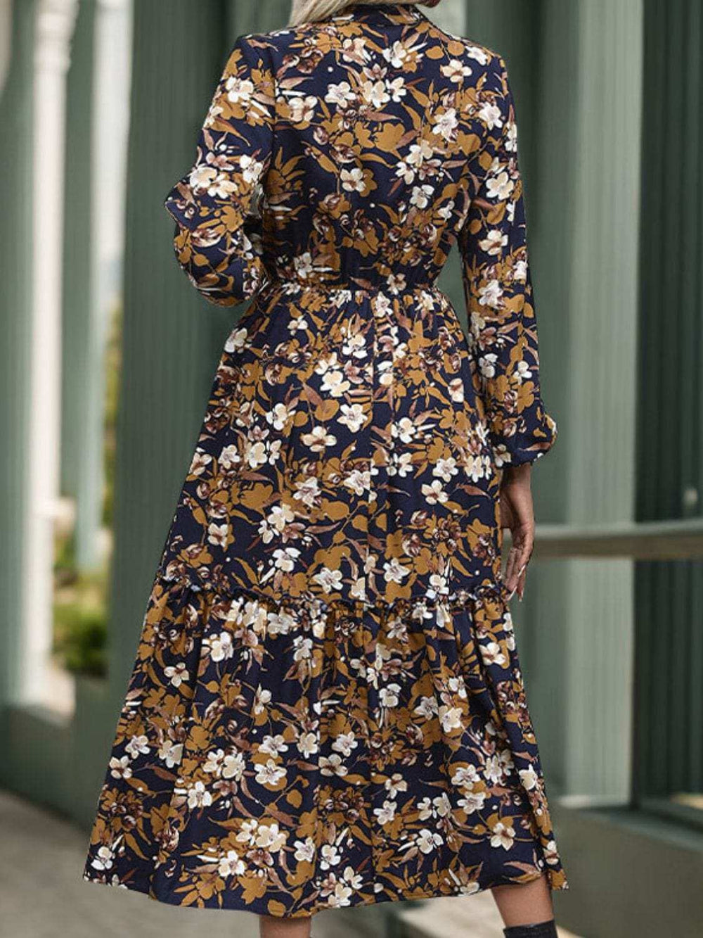 Perfee Printed Notched Long Sleeve Midi Dress - Trendsi - Flyclothing LLC