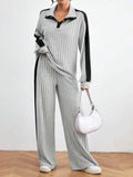 Contrast Collared Neck Long Sleeve Top and Pants Set - Trendsi - Flyclothing LLC