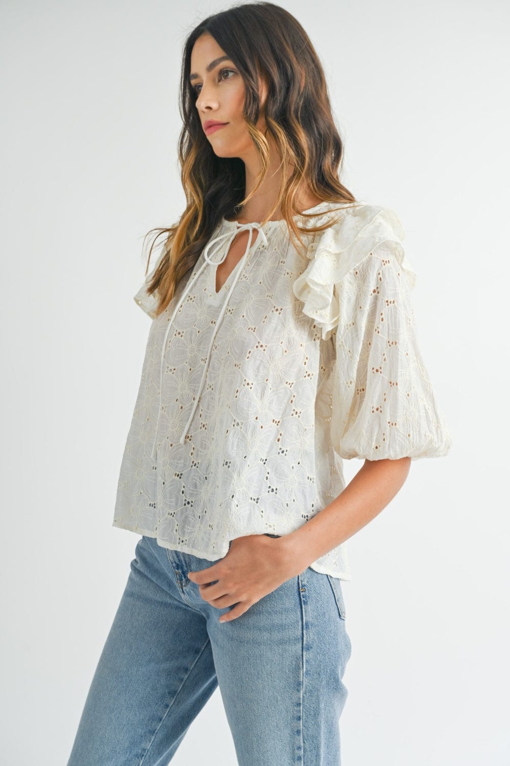 MABLE Eyelet Lace Ruffle Shoulder Puff Sleeve Blouse Trendsi