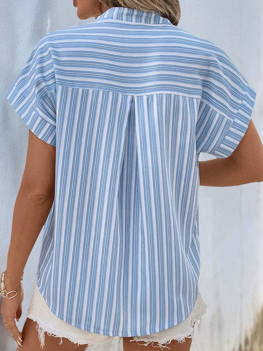 Perfee Half Button Striped Short Sleeve Blouse - Trendsi - Flyclothing LLC