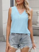 V-Neck Eyelet Knit Cami Tank Top - Trendsi - Flyclothing LLC