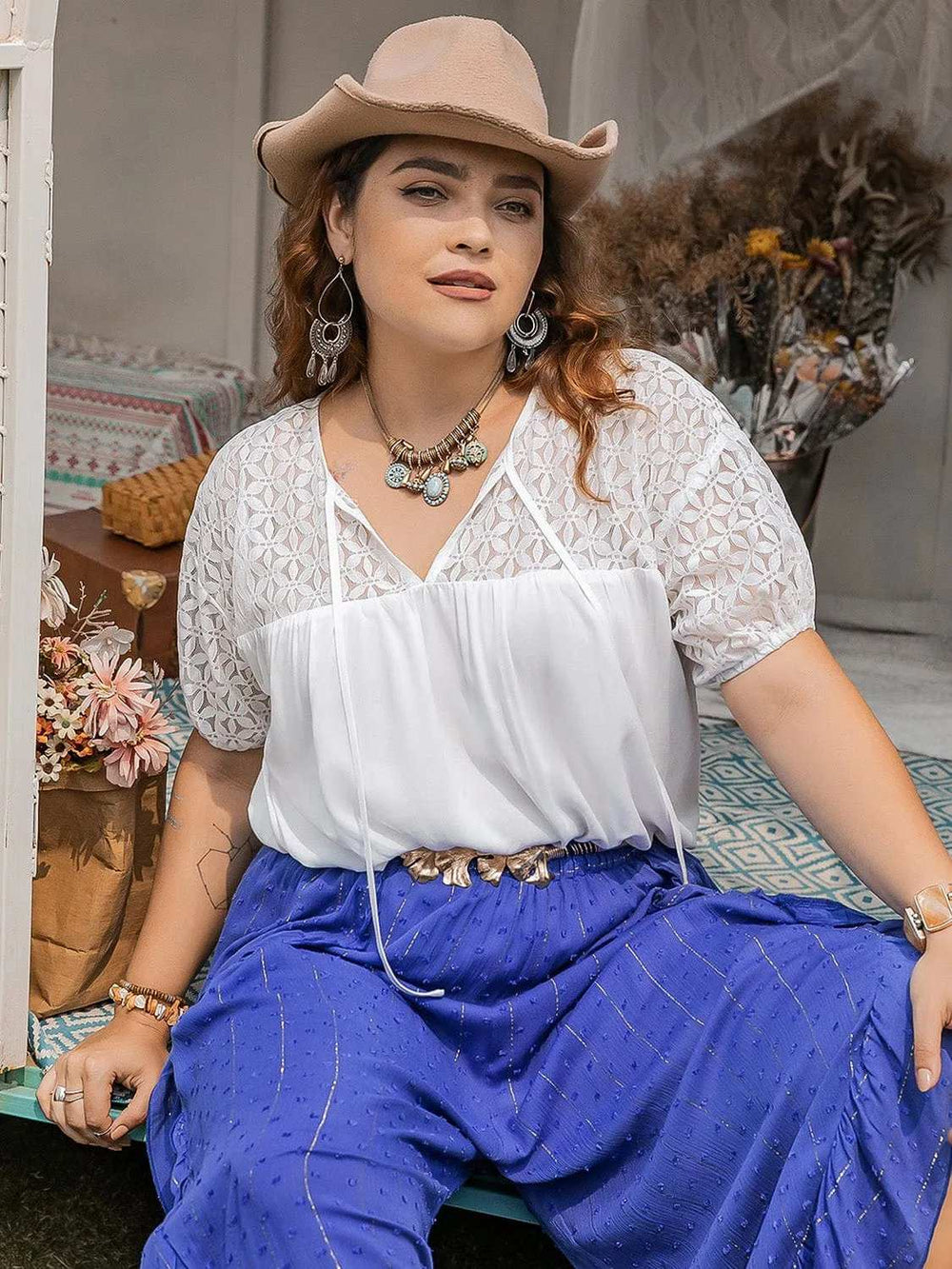 Plus Size Tie Neck Short Sleeve Blouse - Trendsi - Flyclothing LLC