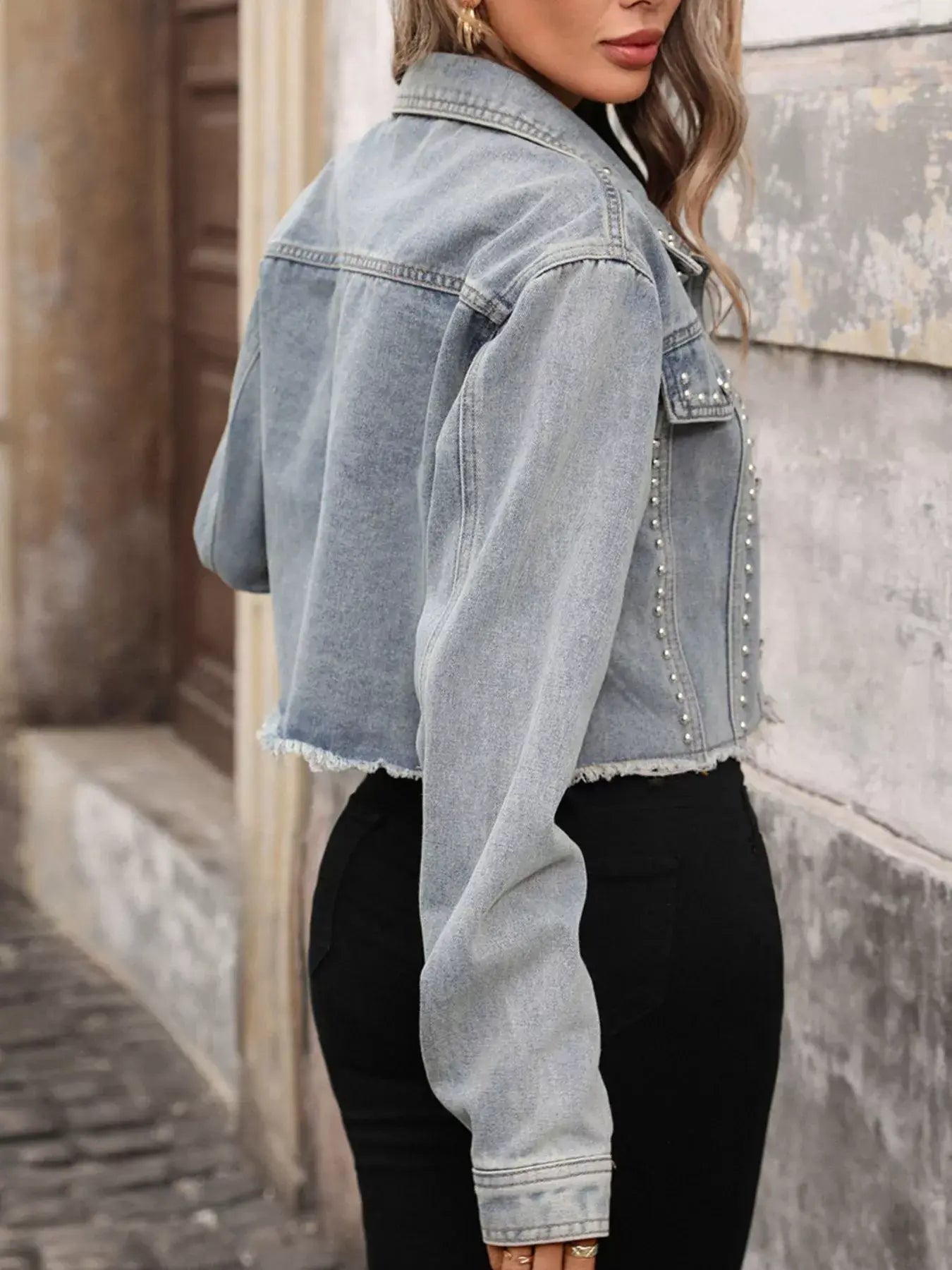 Studded Raw Hem Denim Jacket - Trendsi - Flyclothing LLC