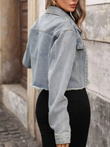 Studded Raw Hem Denim Jacket - Trendsi - Flyclothing LLC