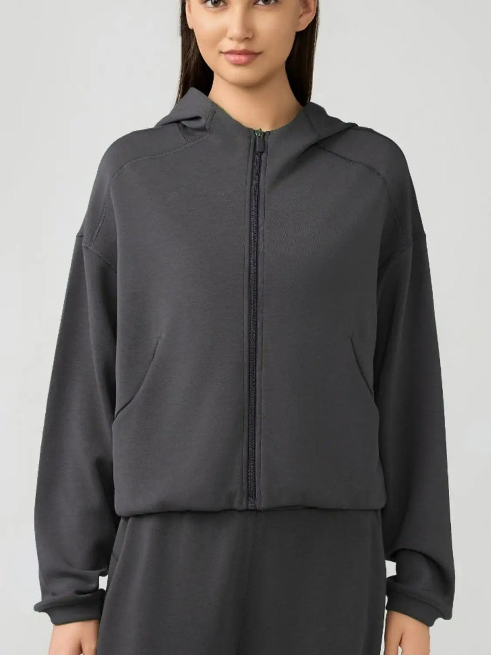 Zip Up Dropped Shouder Active Hooded - Trendsi