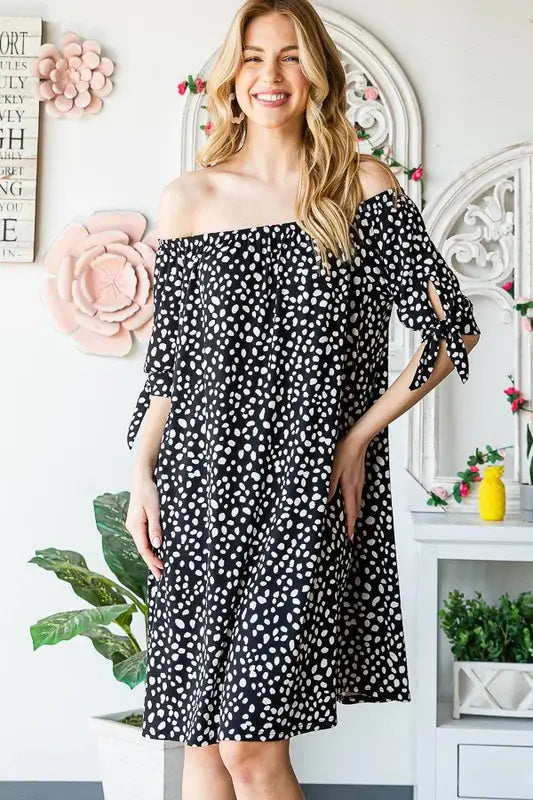 Heimish Full Size Short Sleeve Off Shoulder Animal Mini Dress Plus Size - Trendsi - Flyclothing LLC