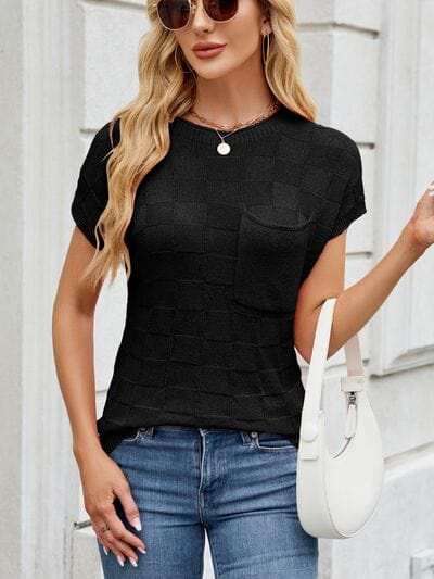 Round Neck Short Sleeve Knit Top - Trendsi - Flyclothing LLC