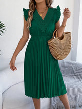 Lace Detail Ruffled Cap Sleeve Pleated Dress - Trendsi - Flyclothing LLC