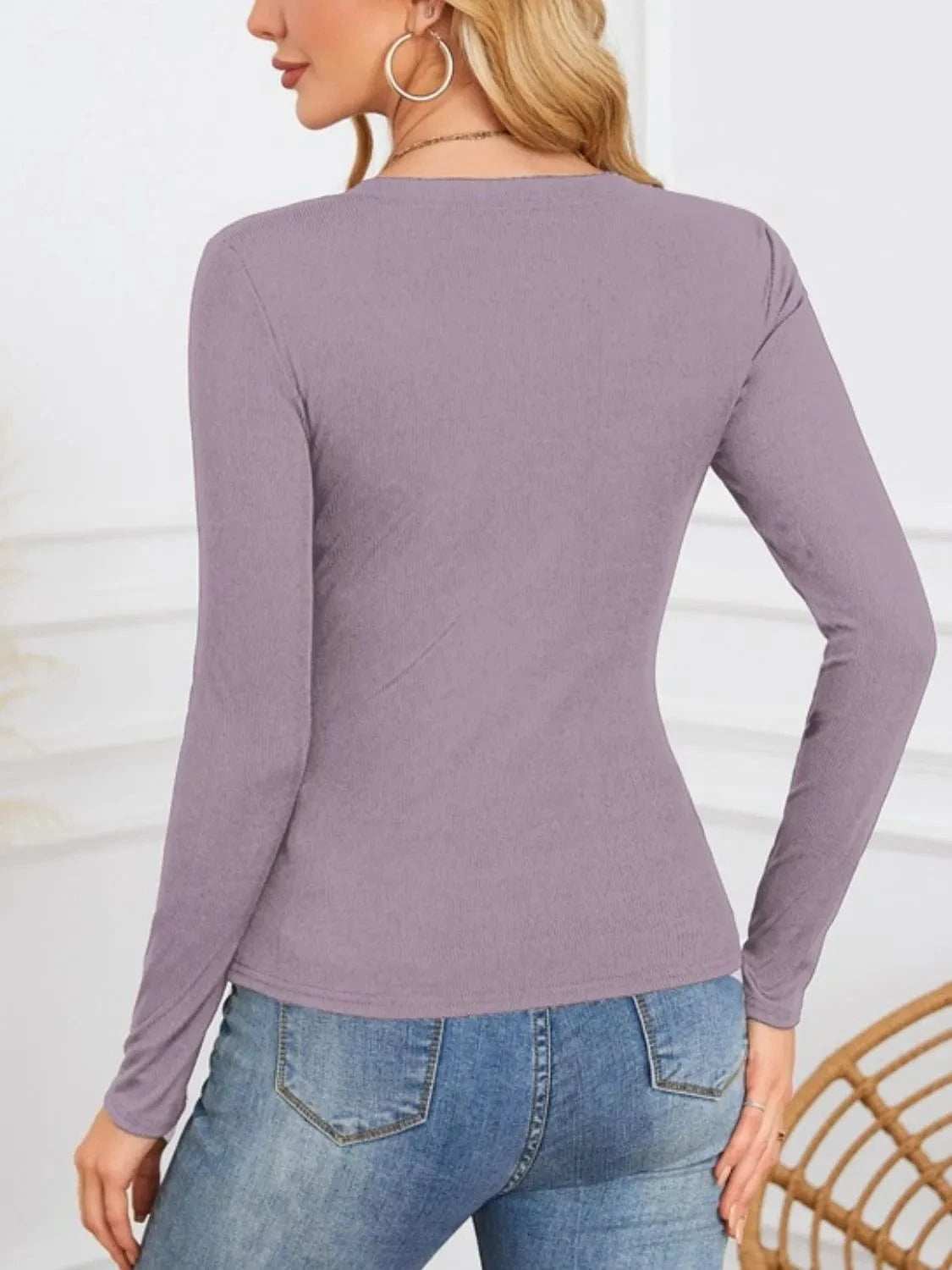 Notched Long Sleeve T-Shirt - Trendsi - Flyclothing LLC