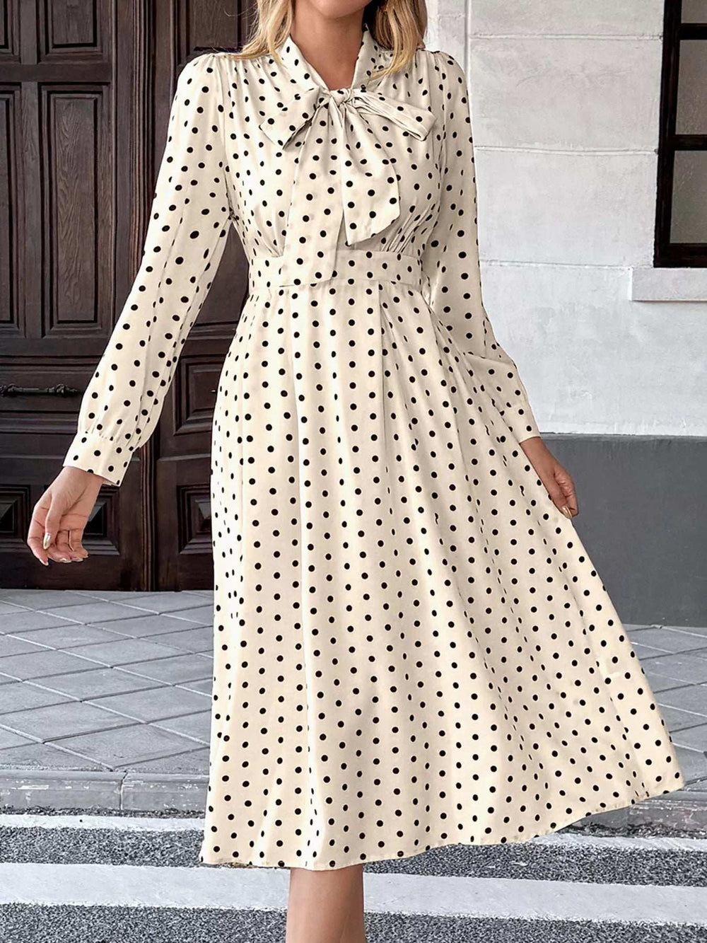 Polka Dot Tie Front Long Sleeve Midi Dress - Trendsi - Flyclothing LLC