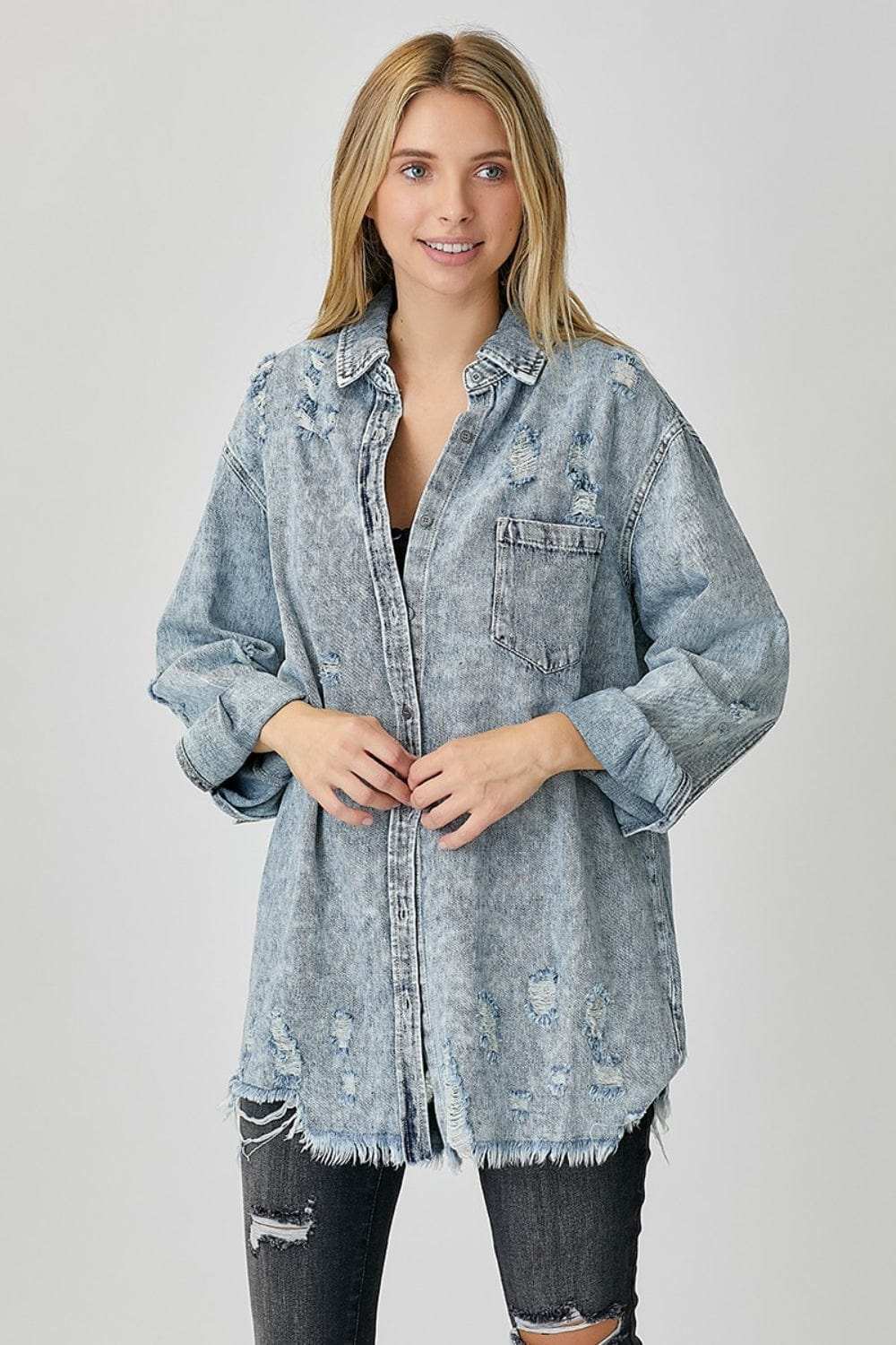 RISEN Distressed Raw Hem Denim Shirt - Trendsi - Flyclothing LLC