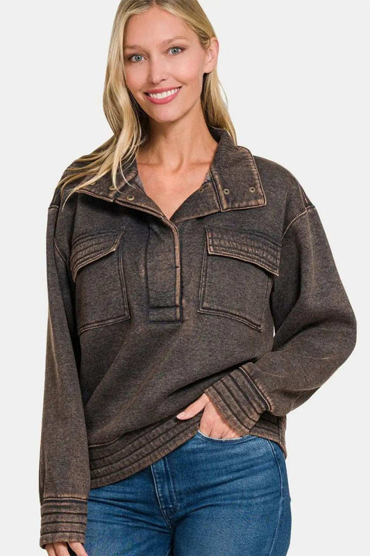 Zenana Acid Washed Half Snap Fleece Sweatshirt - Trendsi - Flyclothing LLC