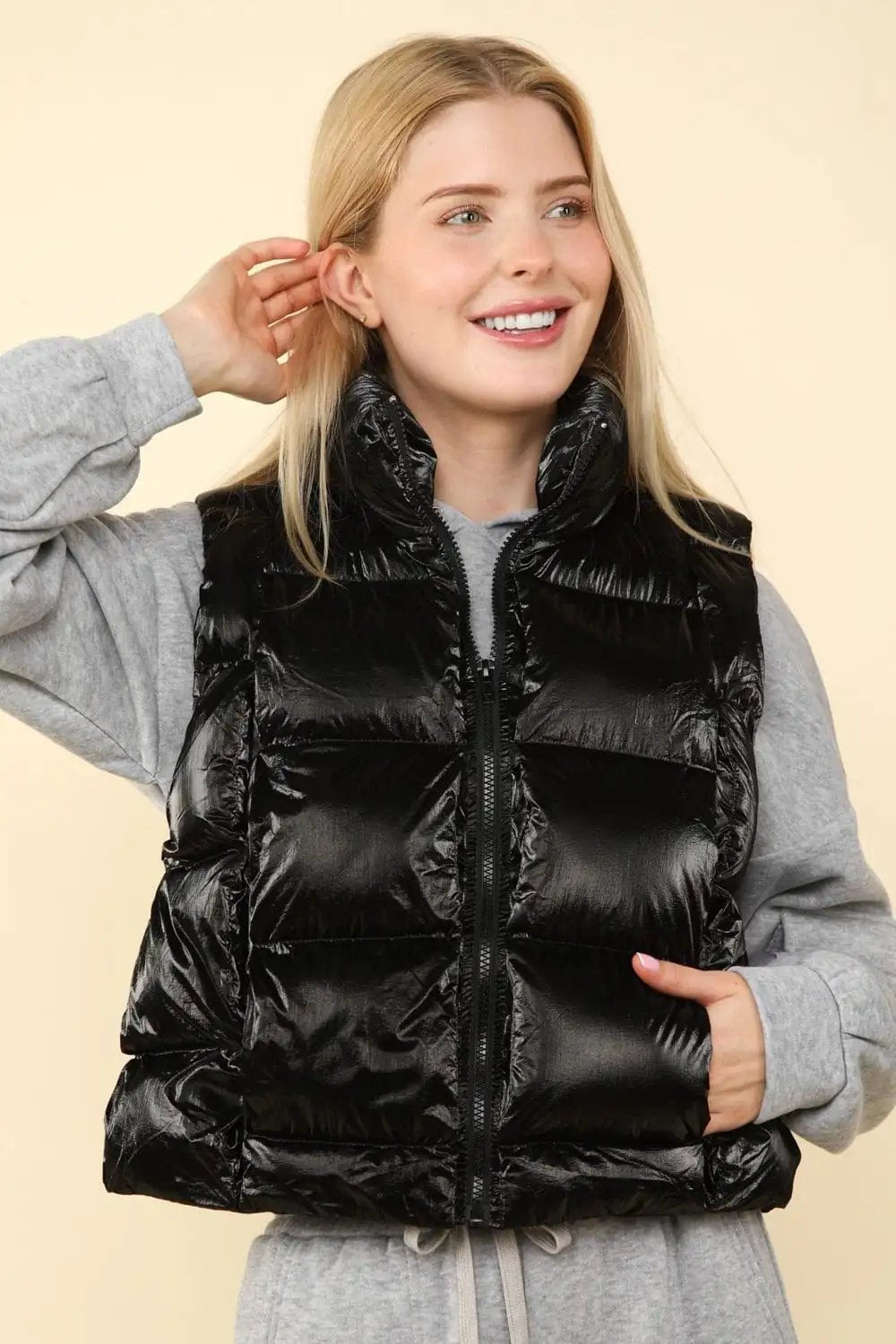 VERY J Shiny Metallic Zip Up Puffer Vest - Trendsi