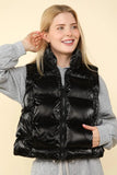 VERY J Shiny Metallic Zip Up Puffer Vest - Trendsi