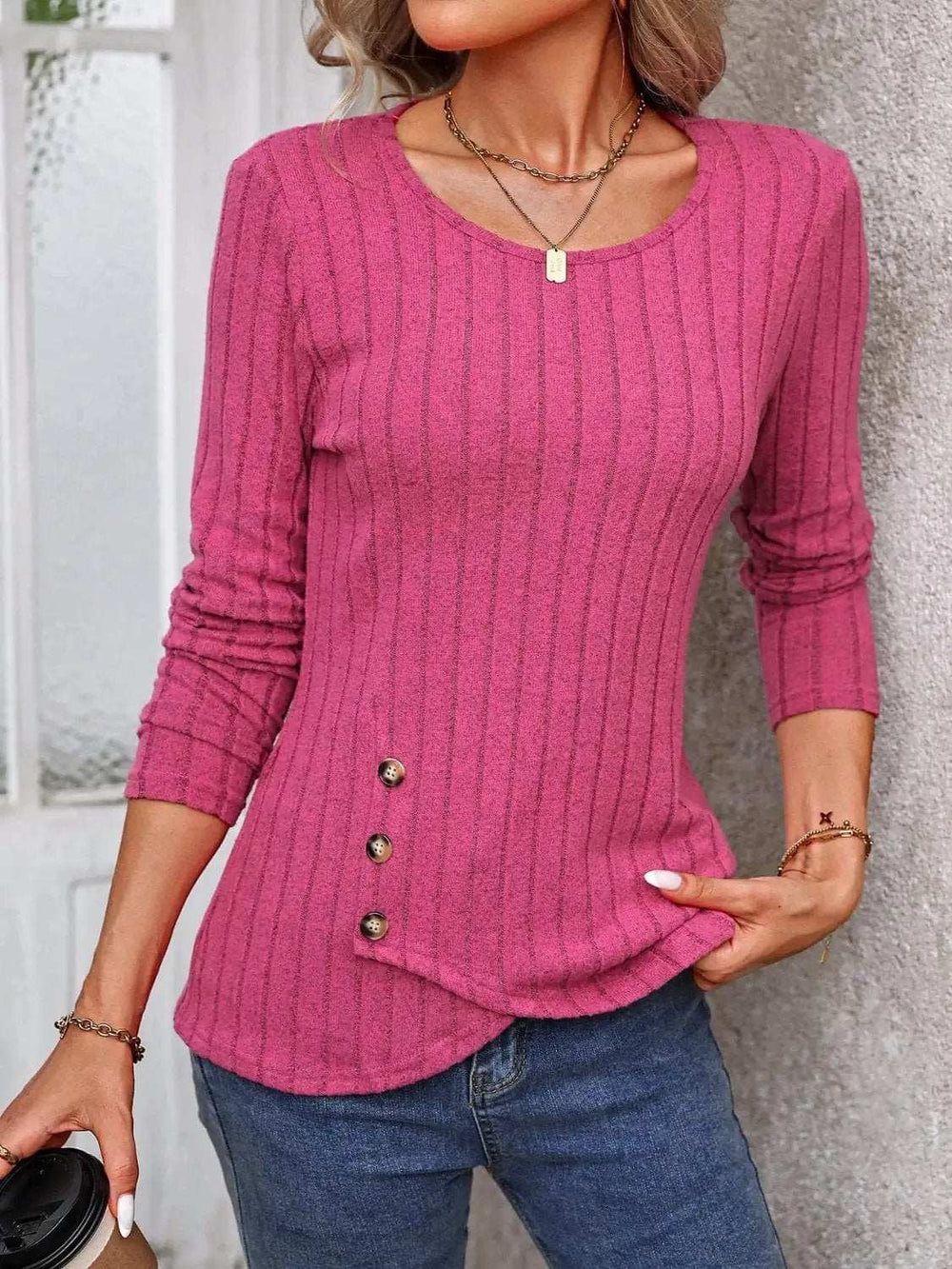 Decorative Button Round Neck Long Sleeve T-Shirt - Trendsi - Flyclothing LLC