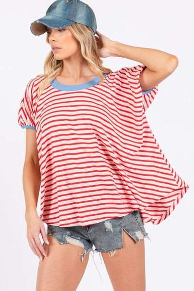 Ces Femme Striped Round Neck Short Sleeve T-Shirt - Trendsi - Flyclothing LLC