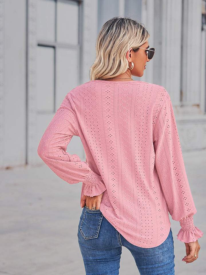 V-Neck Eyelet Flounce Sleeve Blouse - Trendsi - Flyclothing LLC