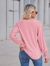 V-Neck Eyelet Flounce Sleeve Blouse - Trendsi - Flyclothing LLC