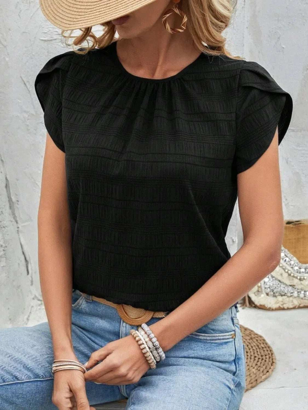 Round Neck Petal Sleeve Top - Trendsi - Flyclothing LLC
