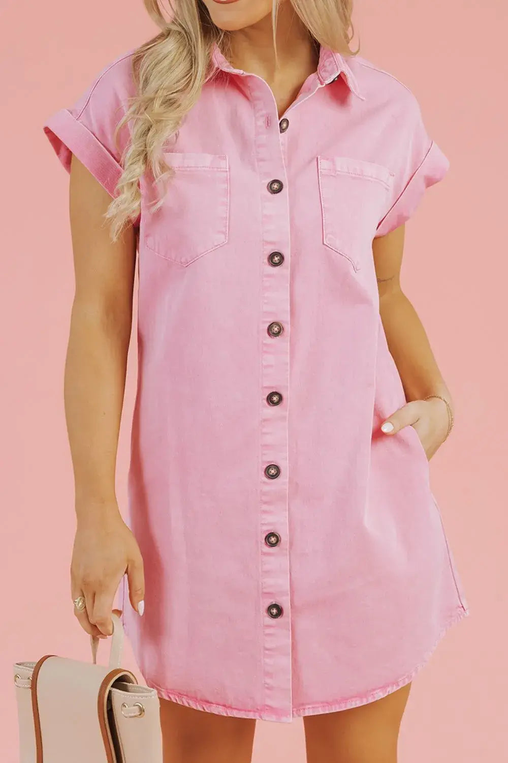 Button Down Short Sleeve Denim Dress - Trendsi - Flyclothing LLC