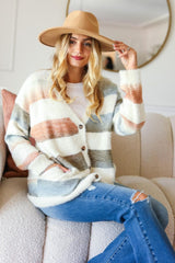 Haptics Full Size Button Down Stripe Soft Fuzzy Sweater Cardigan - Trendsi