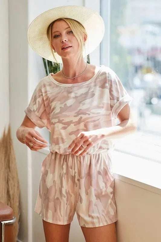 BiBi Camo Print French Terry Romper with Side Pockets - Trendsi - Flyclothing LLC