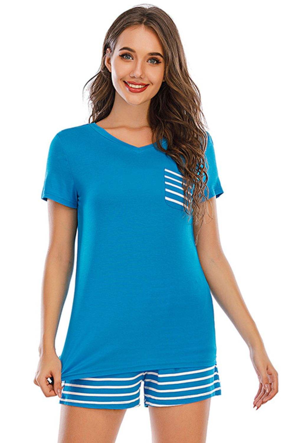Striped Short Sleeve Top and Shorts Lounge Set - Trendsi - Flyclothing LLC