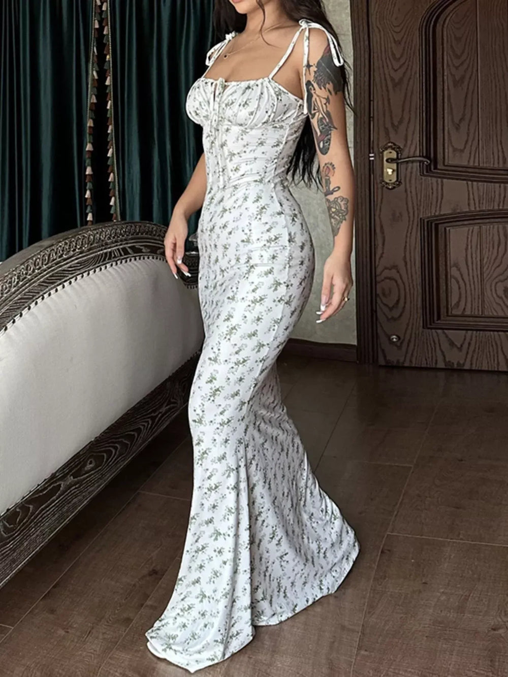 Floral Print Tie Strap Bodycon Maxi Dress - Trendsi - Flyclothing LLC