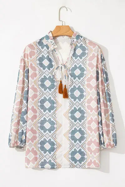 Tassel Tie Neck Balloon Sleeve Blouse - Trendsi - Flyclothing LLC