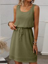 Waffle-Knit Drawstring Mini Tank Dress - Trendsi - Flyclothing LLC