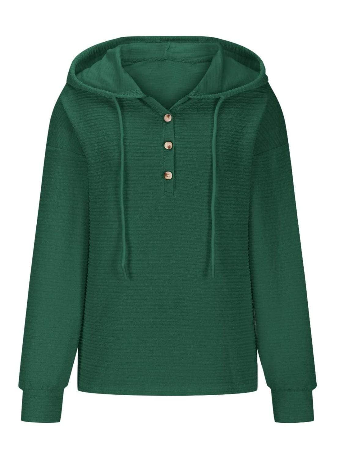 Drawstring Quarter Button Long Sleeve Hoodie - Trendsi - Flyclothing LLC