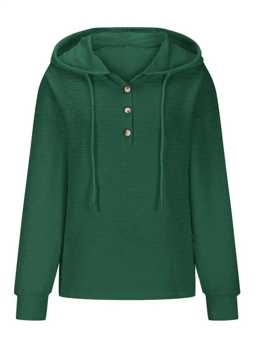 Drawstring Quarter Button Long Sleeve Hoodie - Trendsi - Flyclothing LLC