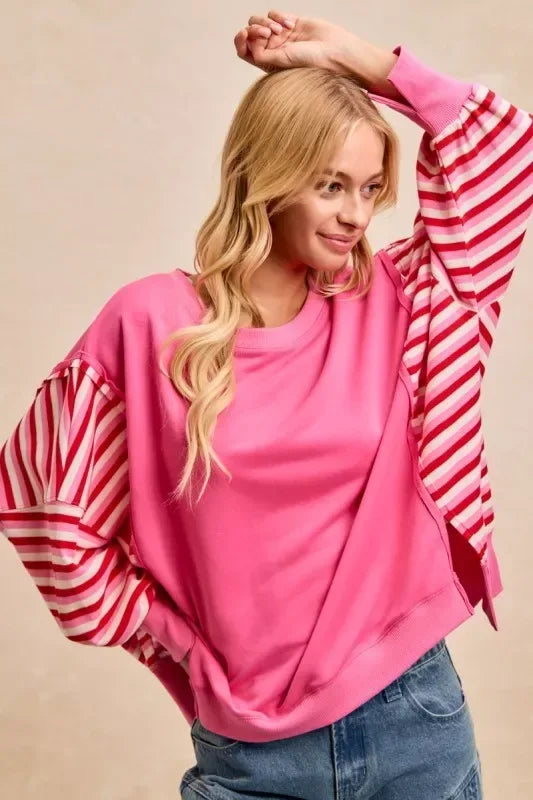 BiBi French Terry Stripe Combo Sweatshirt with Open Seam - Trendsi - Flyclothing LLC