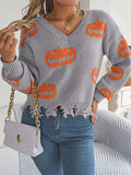 Halloween Pumpkin Pattern Raw Hem V-Neck Sweater - Trendsi - Flyclothing LLC
