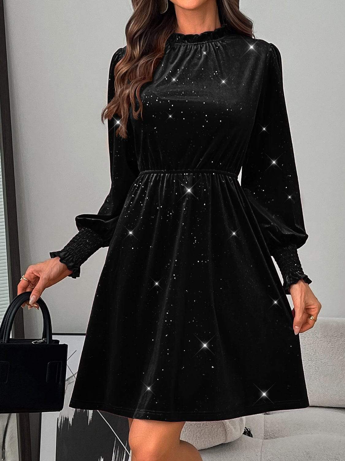 Glitter Mock Neck Long Sleeve Mini Dress - Trendsi - Flyclothing LLC