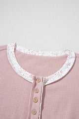 Waffle Floral Patchwork Exposed Seam Detail Short Sleeve Top - Trendsi - Flyclothing LLC