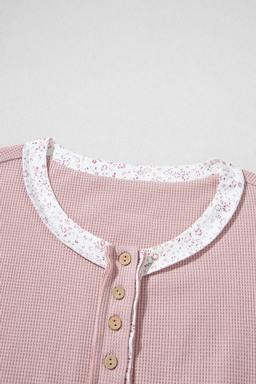 Waffle Floral Patchwork Exposed Seam Detail Short Sleeve Top - Trendsi - Flyclothing LLC
