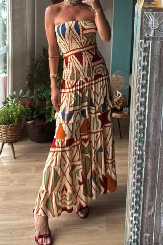 Smocked Printed Tube Dress - Trendsi - Flyclothing LLC