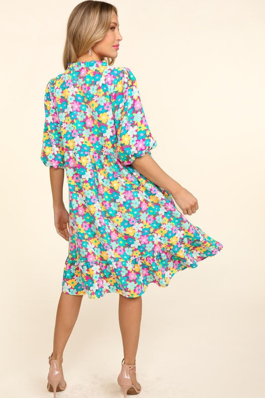 Haptics Bubble Sleeve Floral Ruffled Dress - Trendsi