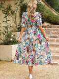 Printed Puff Sleeve Midi Dress - Trendsi