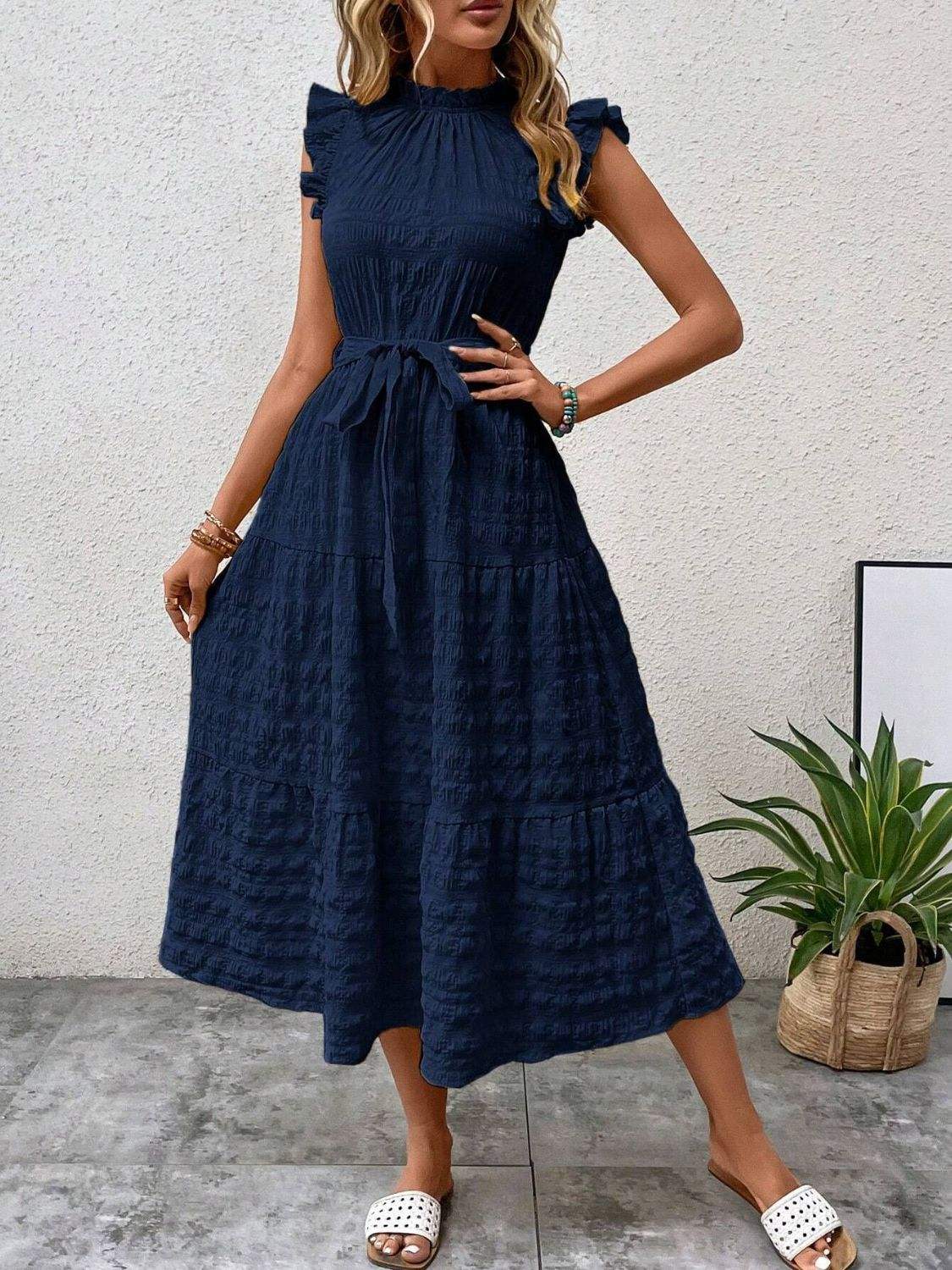 Tied Ruffled Cap Sleeve Midi Dress - Trendsi - Flyclothing LLC