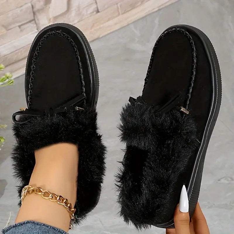Bow Furry Round Toe Flat Slip-Ons - Trendsi - Flyclothing LLC